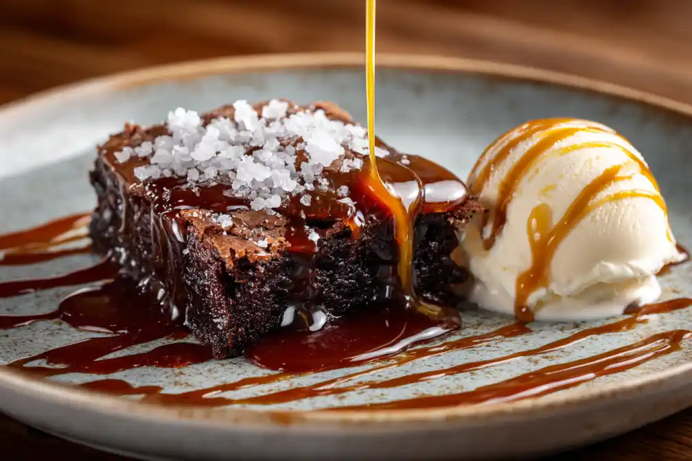 Salted caramel lava brownie with vanilla ice cream and caramel drizzle