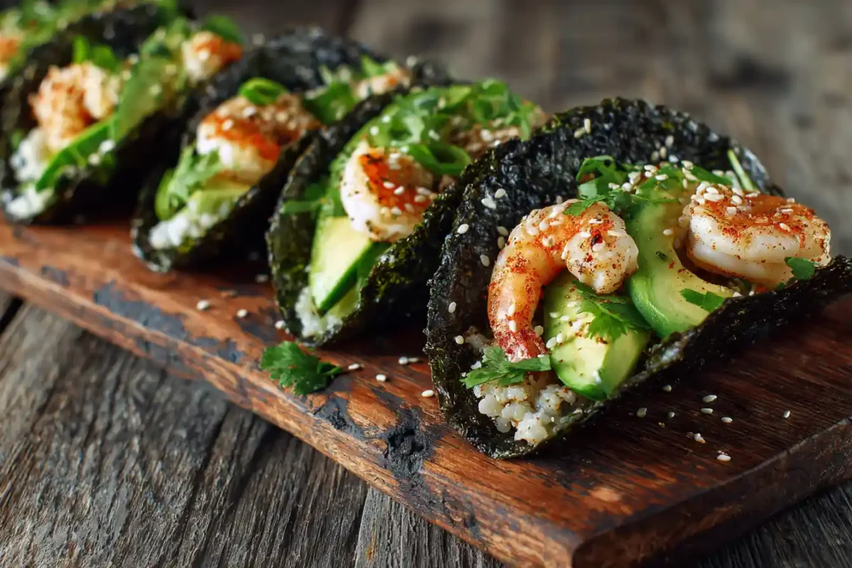 Crispy Baked Sushi Tacos filled with shrimp, avocado, cucumber, and rice