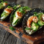 Crispy Baked Sushi Tacos filled with shrimp, avocado, cucumber, and rice