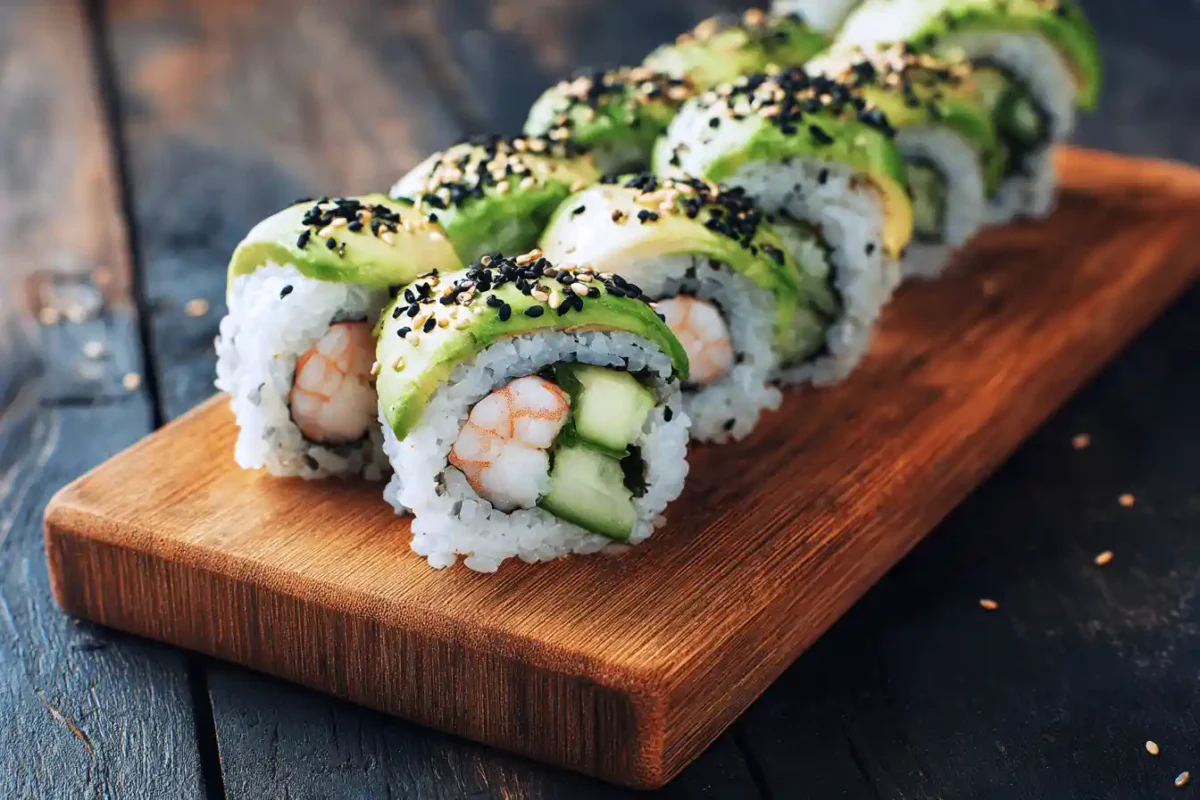 Fresh Boston Roll Sushi Recipe with shrimp, avocado, cucumber, and sesame seeds