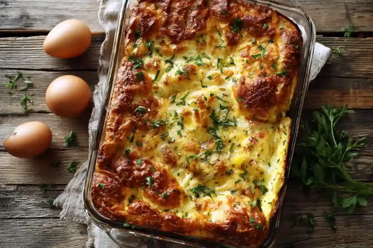 Overhead shot of a baked Strata Eggs casserole in a dish