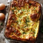 Overhead shot of a baked Strata Eggs casserole in a dish