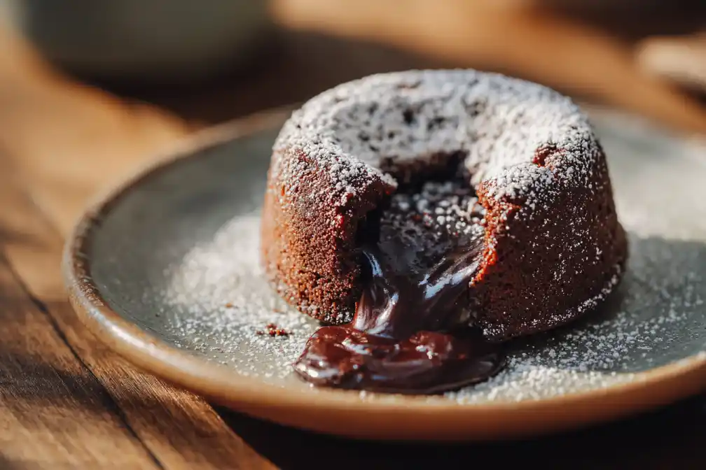 Chocolate Mochi Lava Cake with molten center on a plate