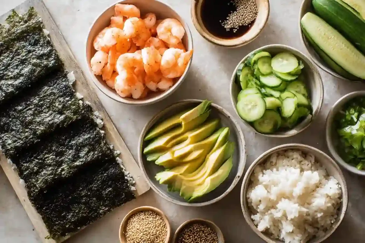 Ingredients including shrimp, salmon, avocado, cucumber, nori, and rice for Baked Sushi Tacos