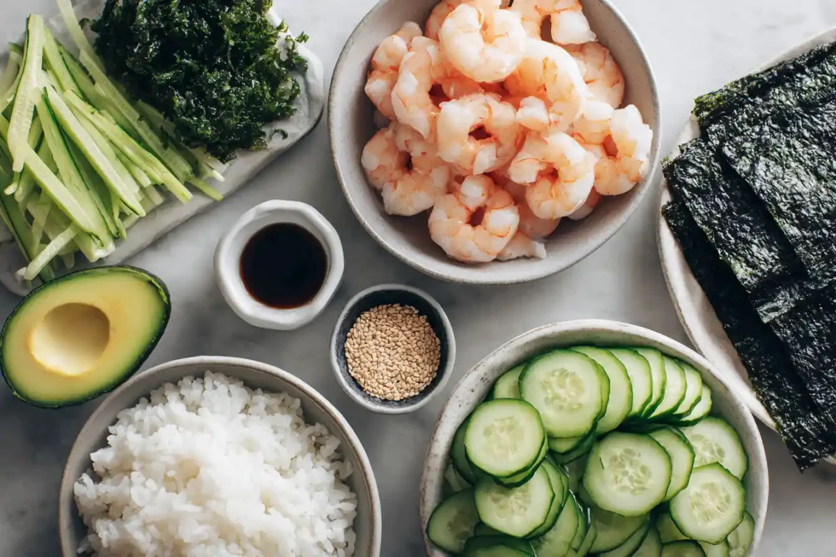 Ingredients for Boston Roll Sushi Recipe displayed on a wooden table