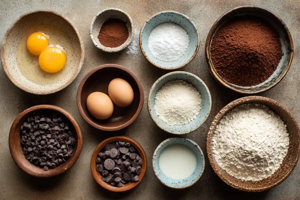 Flat lay of ingredients for chocolate mochi lava cake