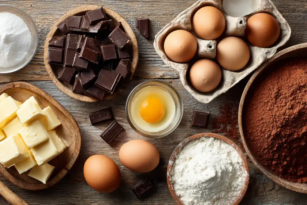 Chocolate, butter, eggs, sugar, flour, and cocoa powder on a table