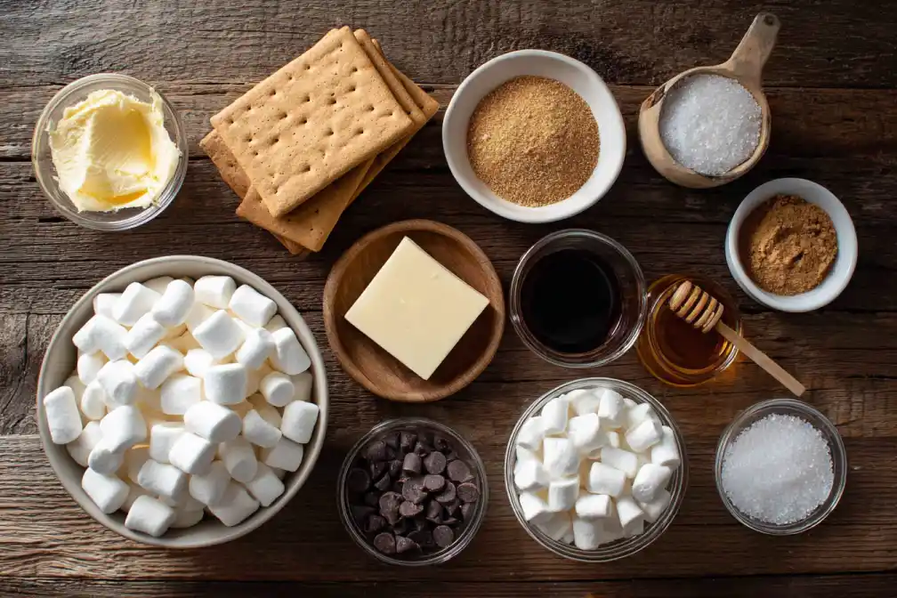 Graham crackers, chocolate, and marshmallows arranged for skillet s’mores bars