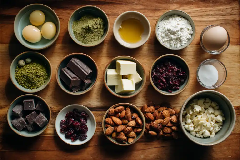 Ingredients for matcha chocolate snowflake nougat laid out on a table