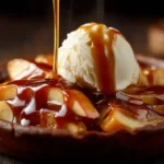 Bowl of melty caramel apple dessert topped with vanilla ice cream