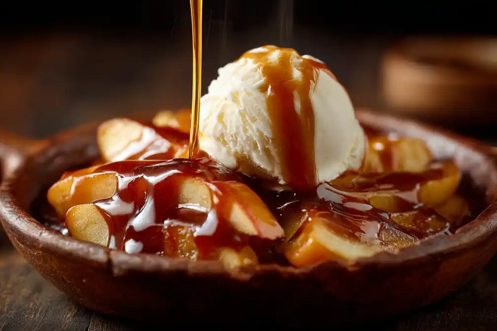 Bowl of melty caramel apple dessert topped with vanilla ice cream