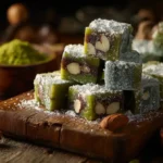 Matcha chocolate snowflake nougat squares dusted with powdered sugar