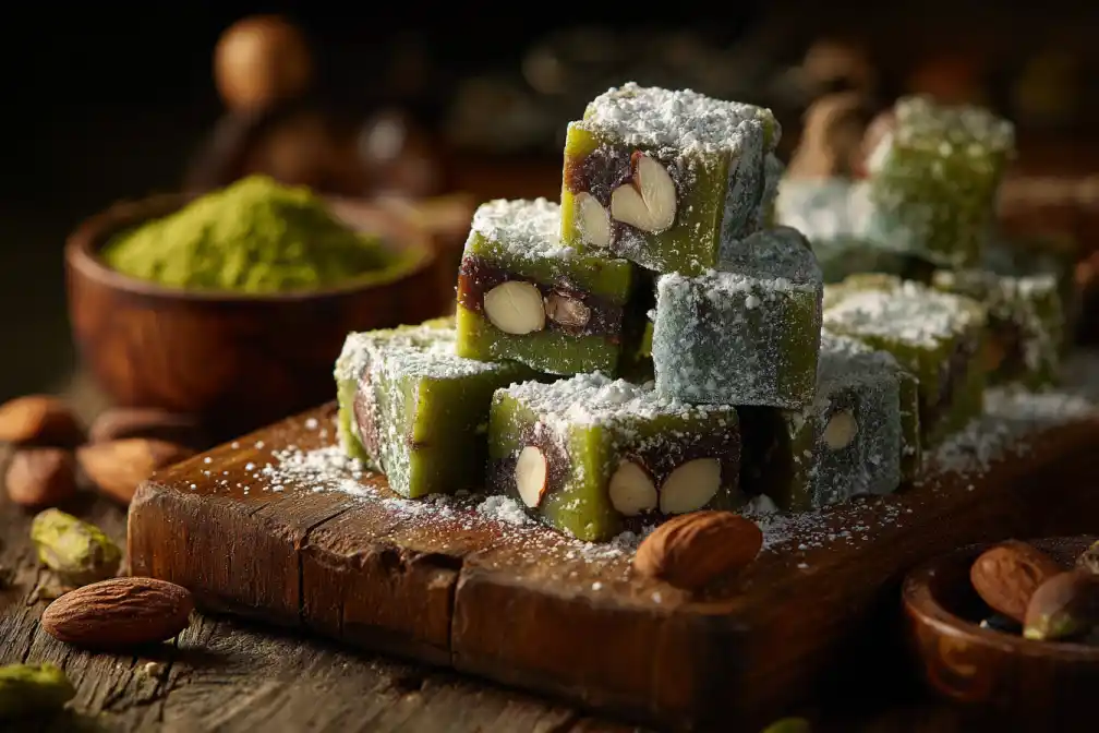 Matcha chocolate snowflake nougat squares dusted with powdered sugar