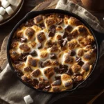 Freshly baked melty s’mores bars in a cast-iron skillet