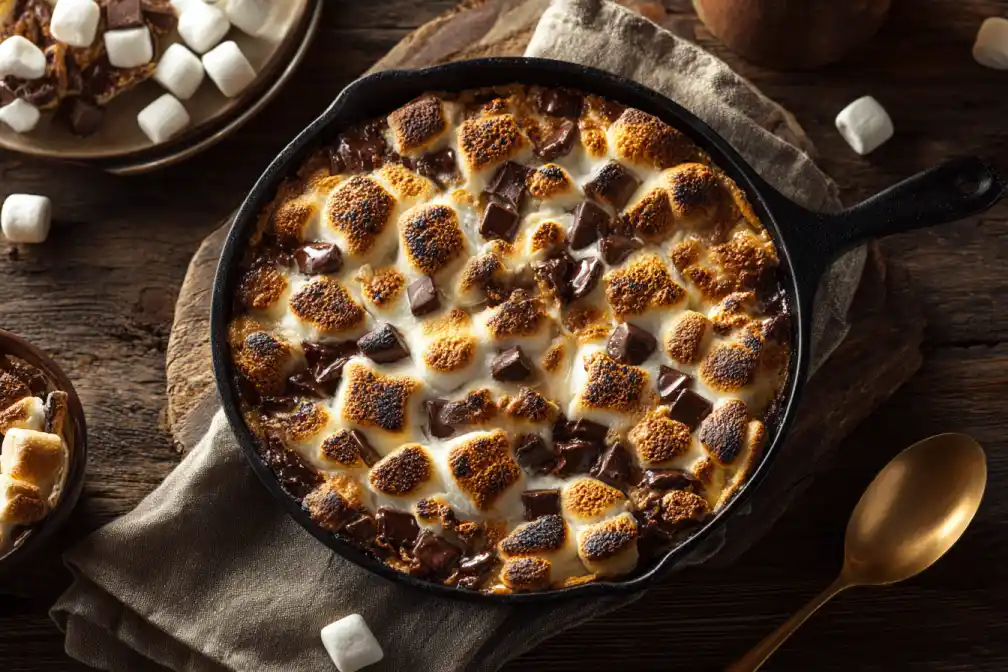 Freshly baked melty s’mores bars in a cast-iron skillet