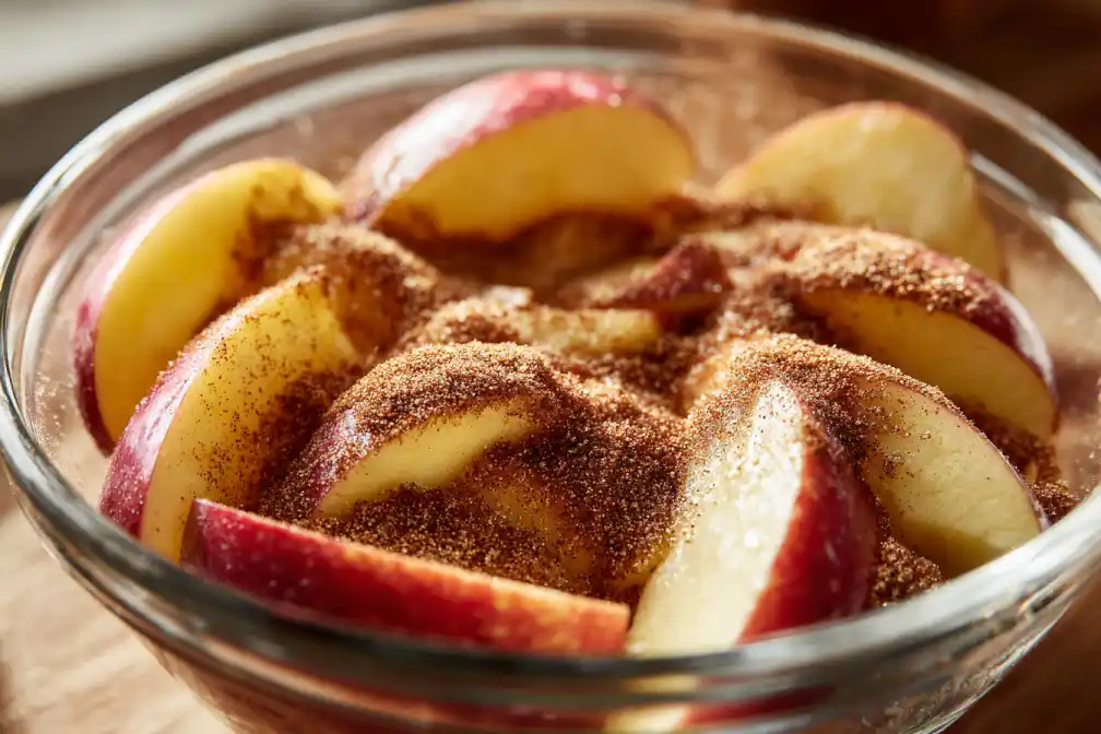 Apple slices with cinnamon and sugar in a bowl