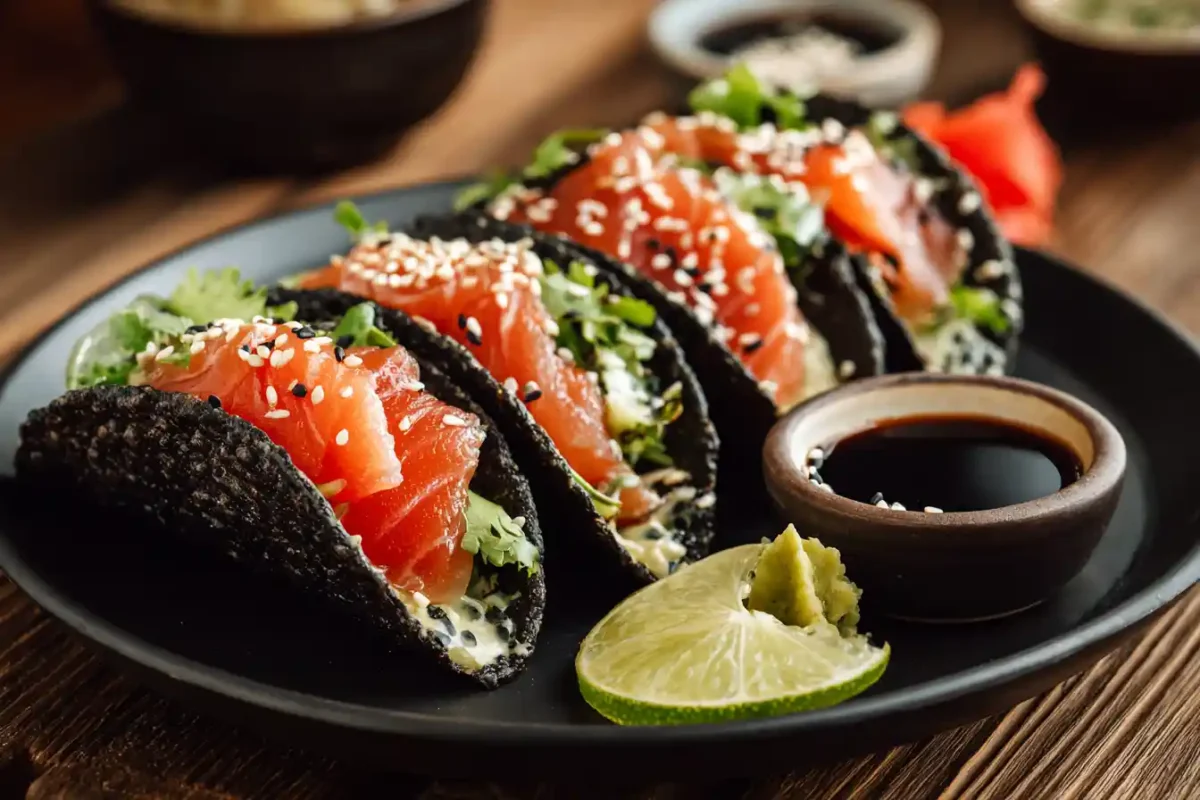 Baked Sushi Tacos plated with soy sauce, wasabi, and pickled ginger