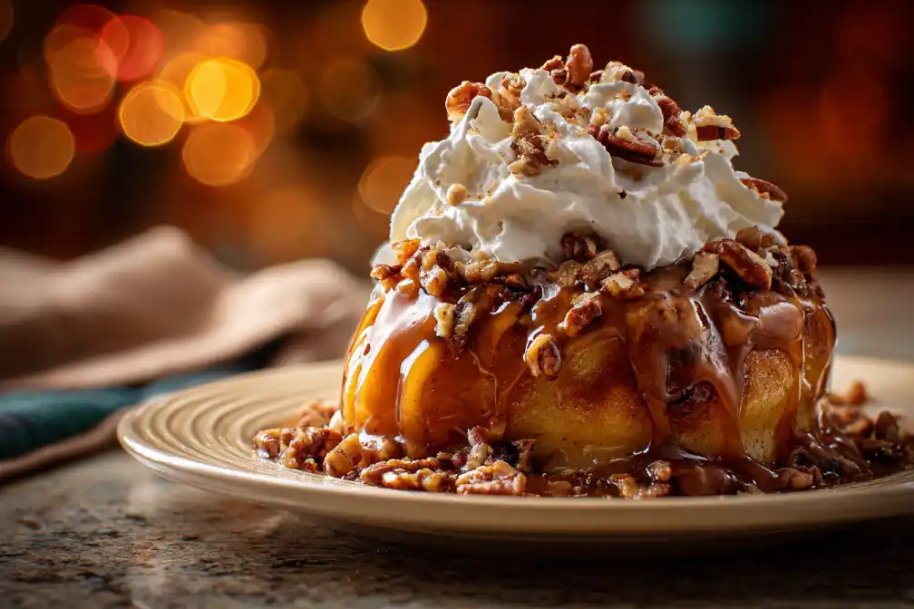 Caramel apple dessert topped with whipped cream and pecans