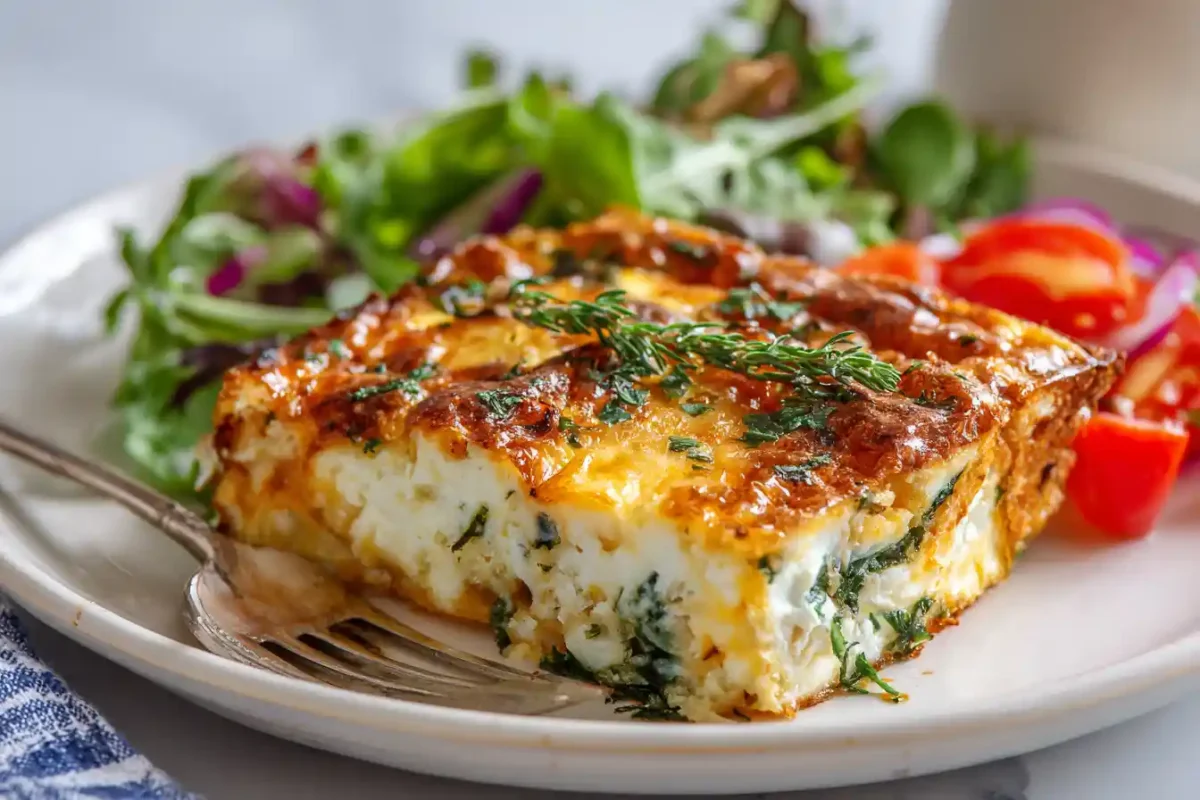 A slice of Strata Eggs served with herbs and salad