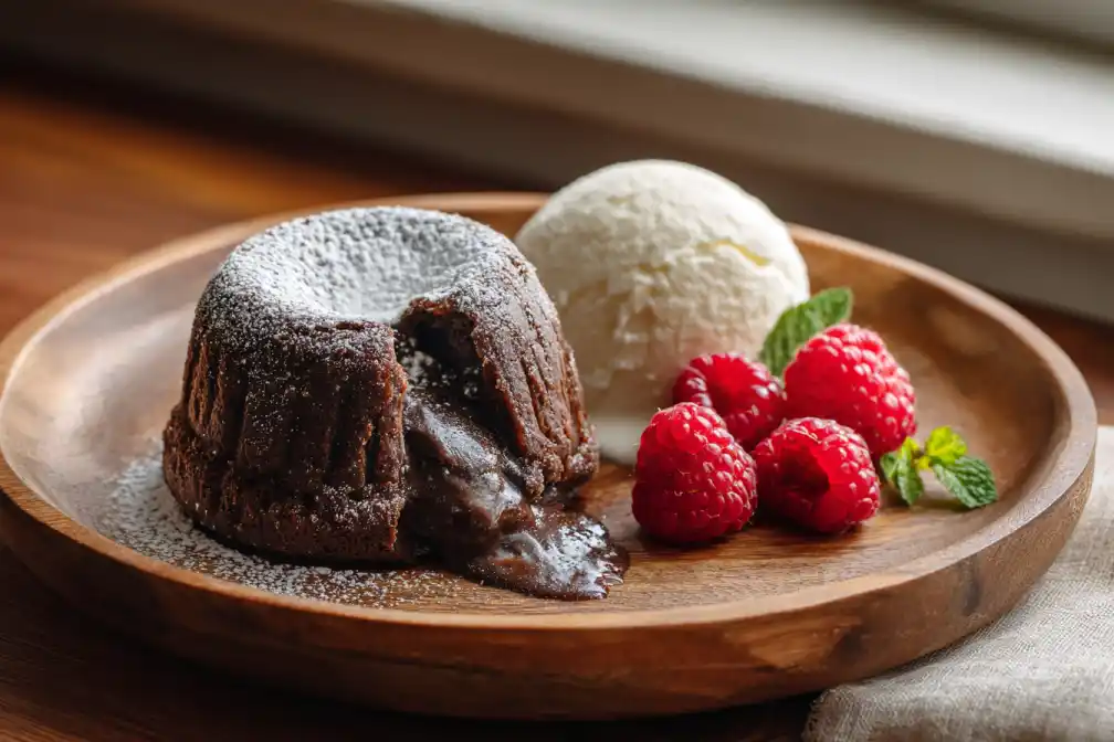 Chocolate mochi lava cake served with ice cream and berries