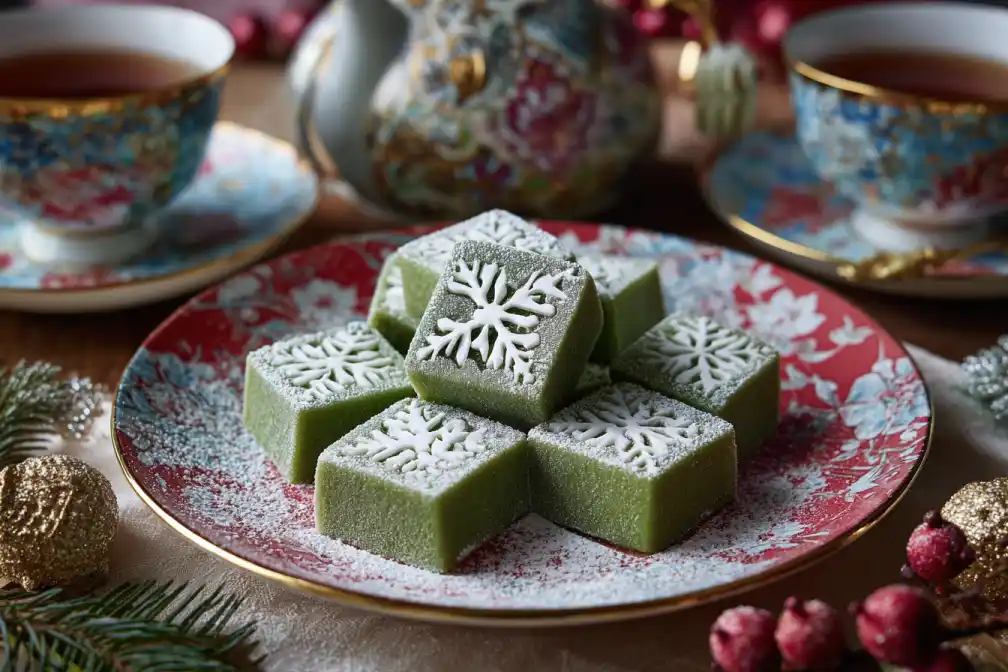 Sliced squares of matcha chocolate nougat dusted with powdered sugar