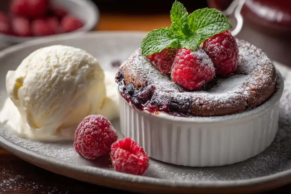 Melty dessert for two dusted with sugar and served with berries