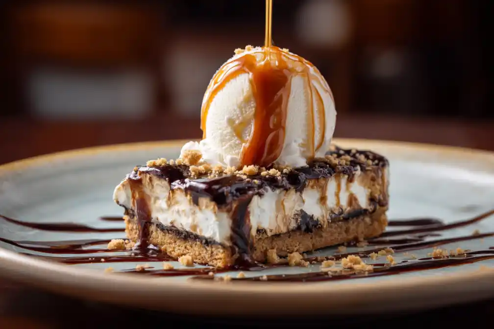 S’mores bar with caramel drizzle and ice cream