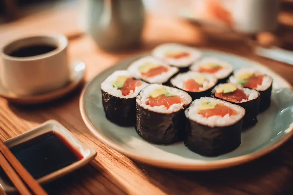 Boston Roll Sushi Recipe slices with soy sauce and wasabi