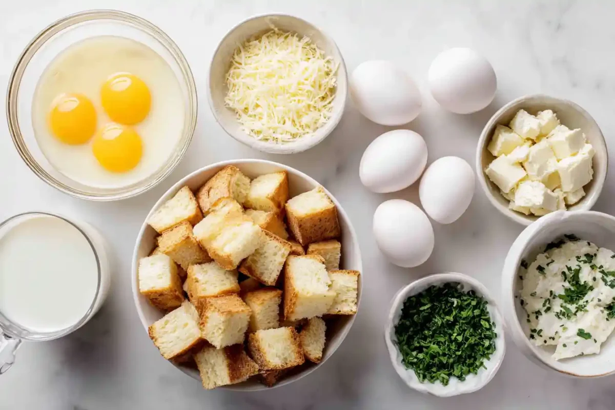 Ingredients for Strata Eggs arranged on a marble countertop