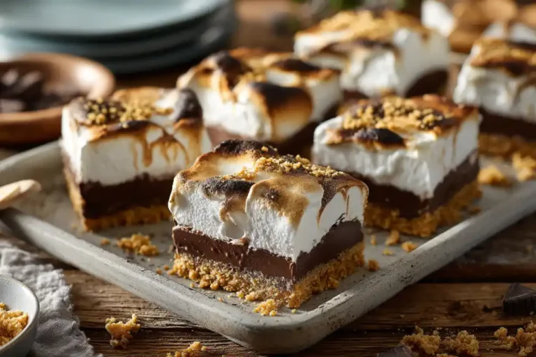 Frozen S’mores Melty Bars with creamy chocolate and toasted marshmallow layers
