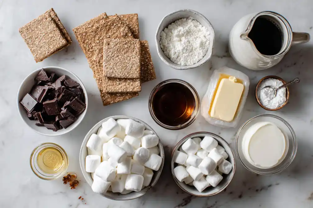 Ingredients for Frozen S’mores Melty Bars arranged on marble countertop