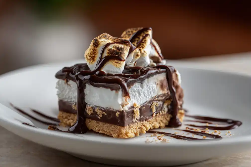 Slice of Frozen S’mores Melty Bar with visible layers and chocolate drizzle