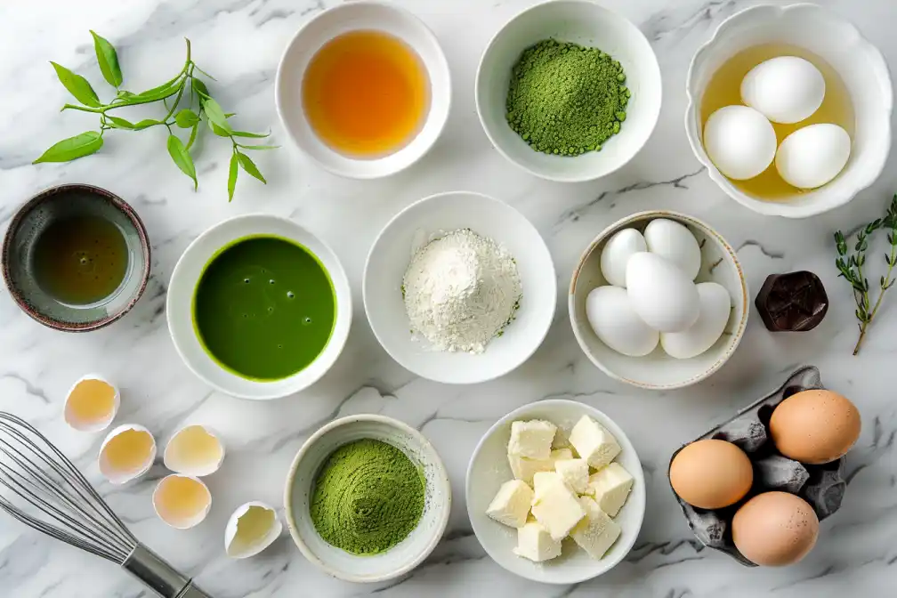 Matcha Lava Cake Ingredients Laid Out