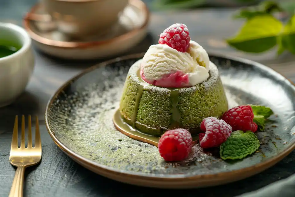Matcha Lava Mini Cake Served with Ice Cream