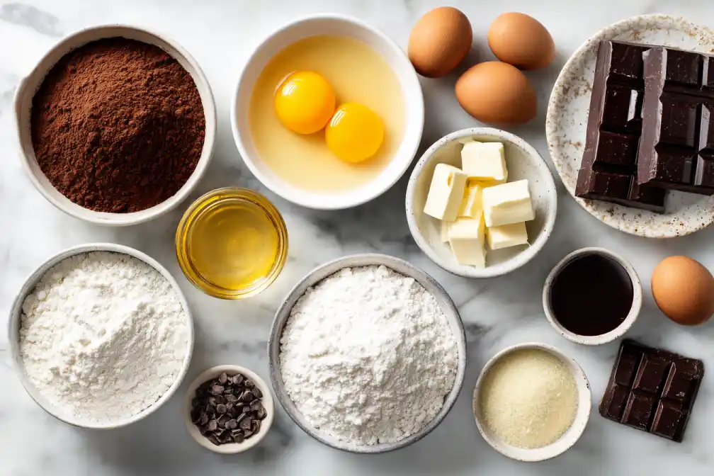 Ingredients for Melt-in-the-Middle Chocolate Sheet Cake on marble counter