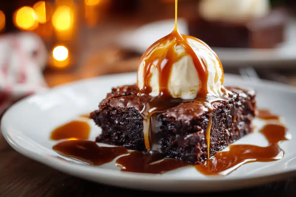 Melt-in-the-Middle Chocolate Sheet Cake served warm with vanilla ice cream