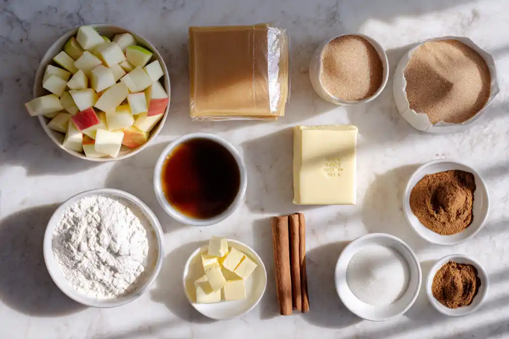 Ingredients for Melty Caramel Apple Bake Cups arranged on marble countertop