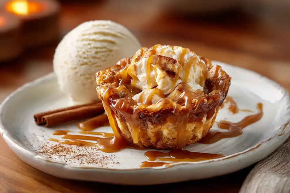 Serving of Melty Caramel Apple Bake Cups with caramel drizzle and ice cream