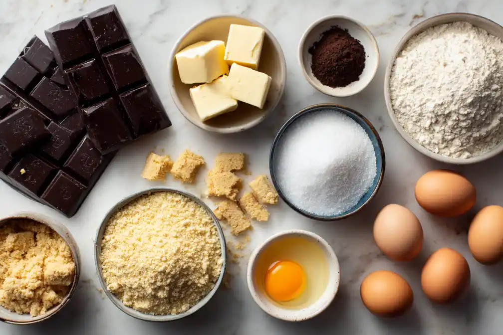 Ingredients for Melty Chocolate Crunch Cake arranged on marble counter