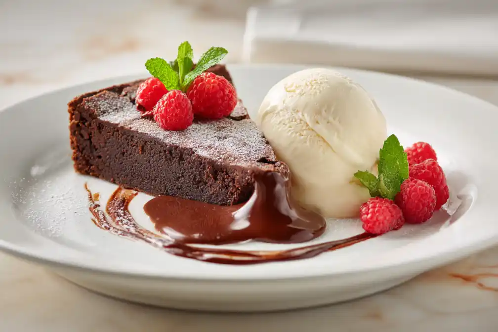 Slice of Melty Chocolate Crunch Cake with molten chocolate and raspberries