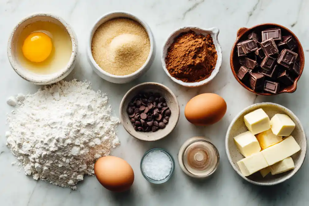 Ingredients for Molten Cookie Dough Bake arranged neatly on marble surface