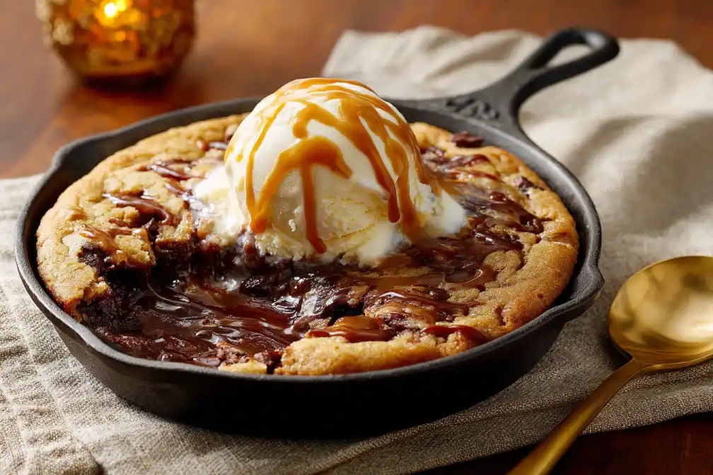 Warm Molten Cookie Dough Bake served with vanilla ice cream and caramel drizzle