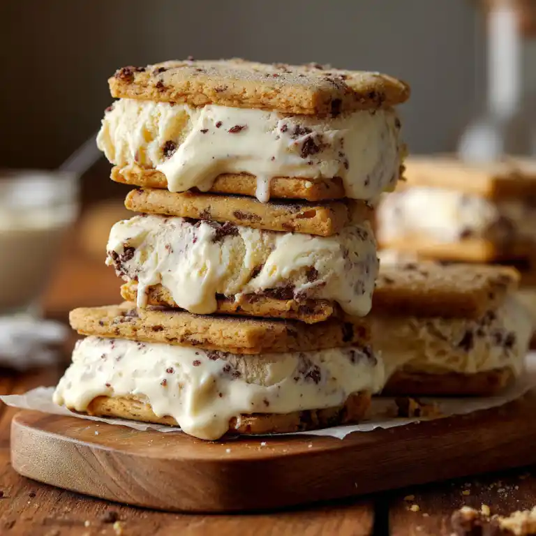 Cookie Dough Ice Cream Sandwich stack on wooden board