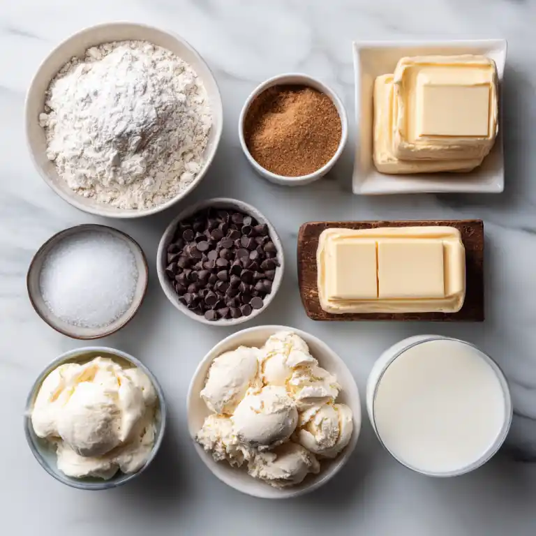 Cookie Dough Ice Cream Sandwich ingredients flat lay