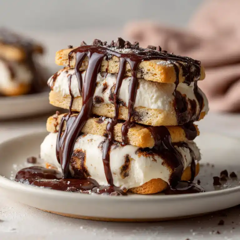 Served Cookie Dough Ice Cream Sandwich with chocolate drizzle