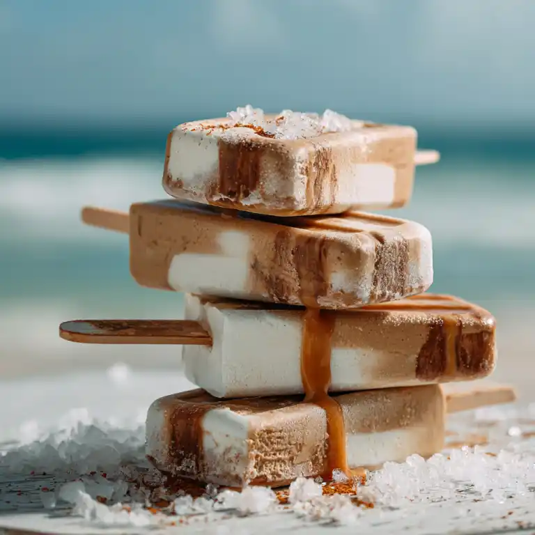 Dalgona Coffee Popsicles stacked on ice