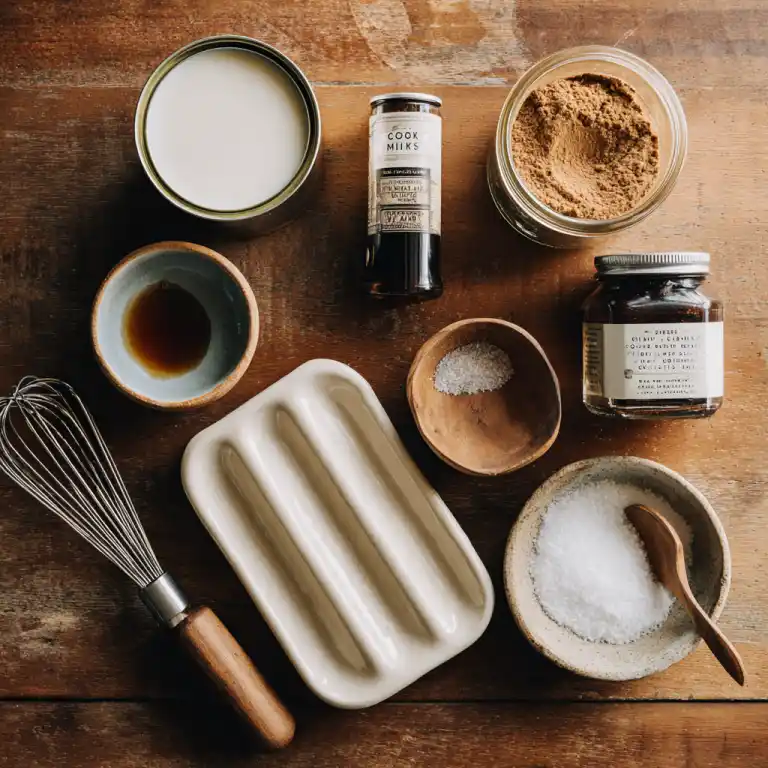 Dalgona Coffee Popsicles ingredients displayed on wooden table