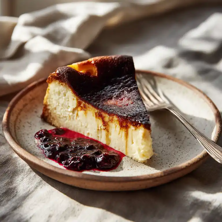 Slice of gooey Basque burnt cheesecake served