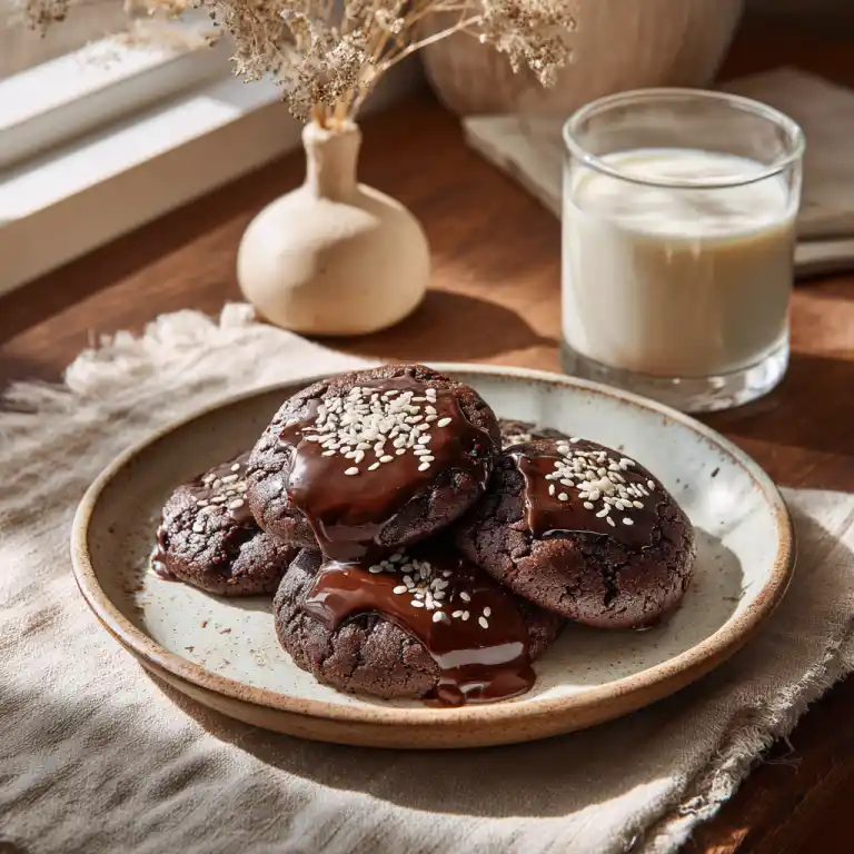 Miso Chocolate Puddle Cookies on ceramic plate with milk