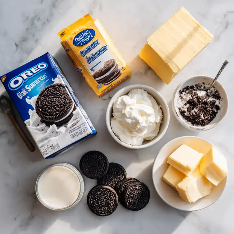 Oreo dump cake ingredients flat lay